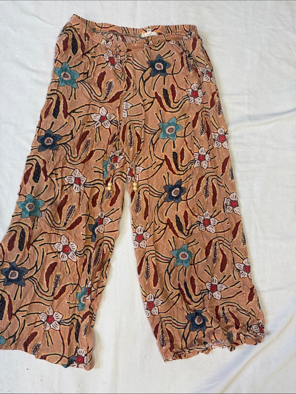Christian Siriano Floral Wide Leg Pants in Peach Tan with Teal & Navy Flowers